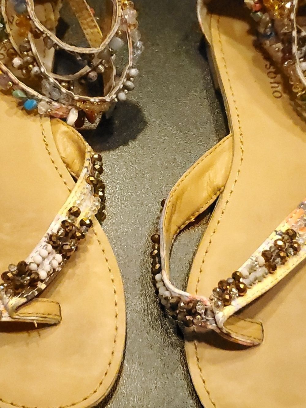 Zigi Soho Gold Beaded T-Strap Sandals with Multicolor Accents - Picture 3 of 9